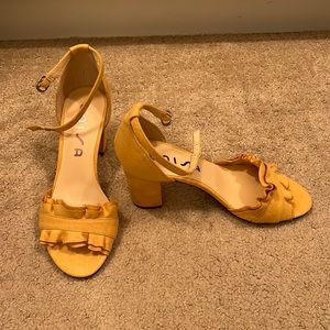 Yellow suede block heels